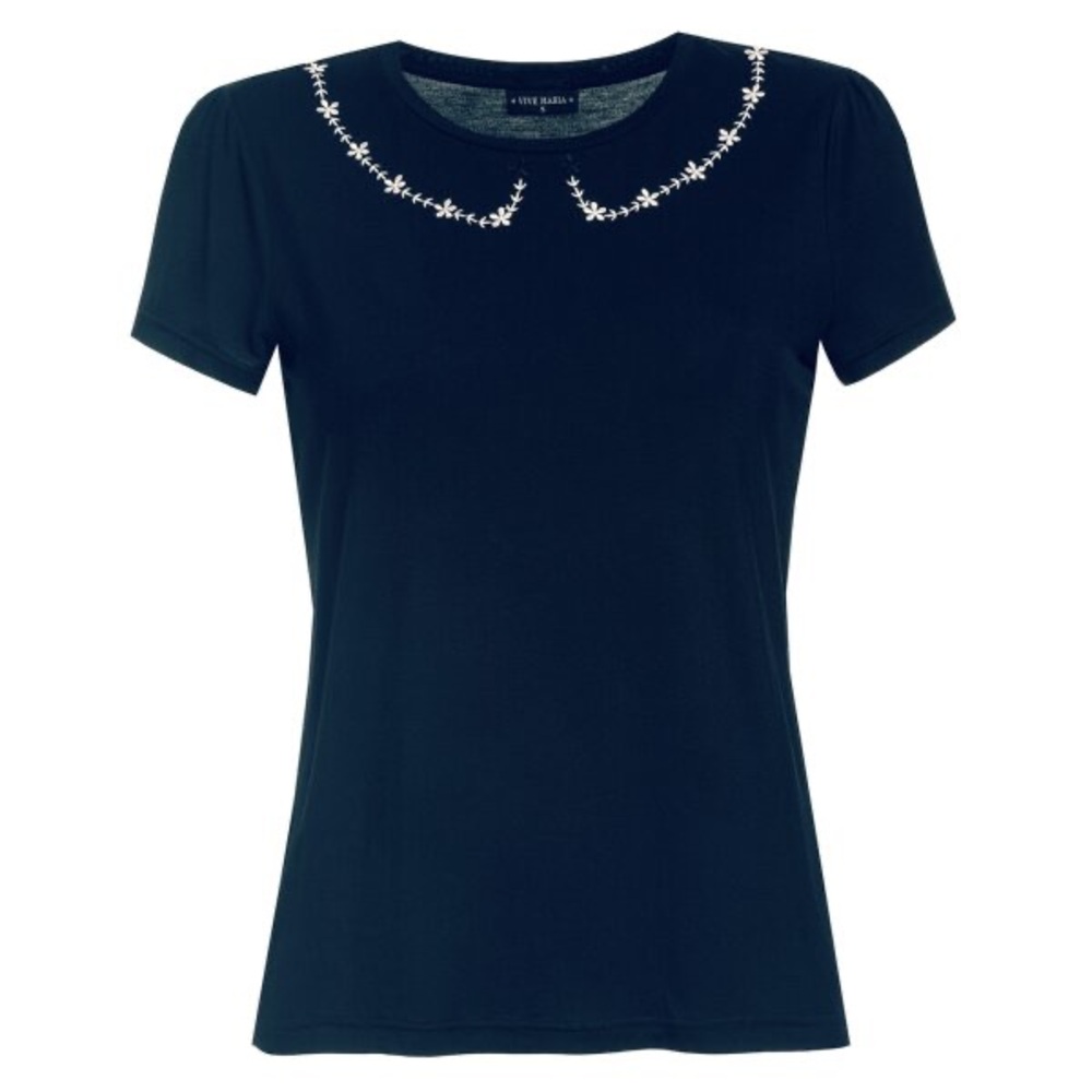 Black Women's Tee with Peter Pan Collar Embellishments Goth Pinup